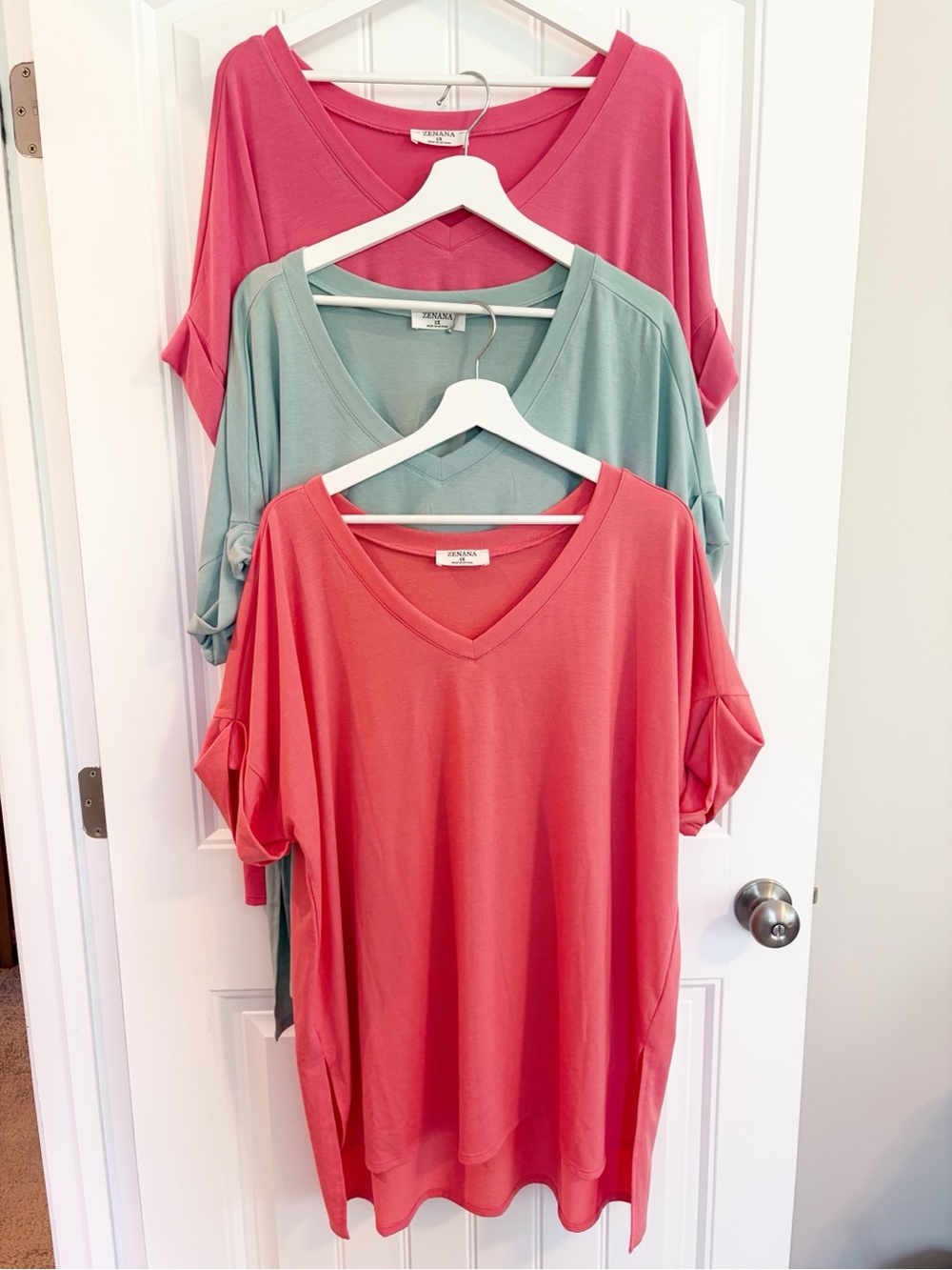 CHIC SOUL I 3 V-Neck Short Sleeve Tunic Top - Coral, Mint & Berry